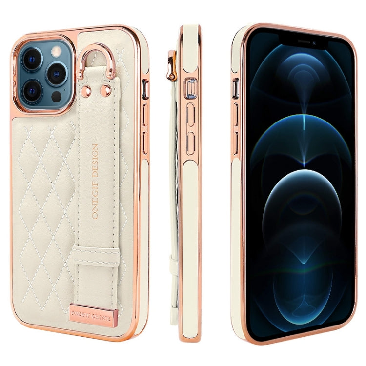 For iPhone 12 Pro Max VIETAO Rhombic Texture Wristband PU Phone Case(White) - iPhone 12 Pro Max Cases by VIETAO | Online Shopping UK | buy2fix