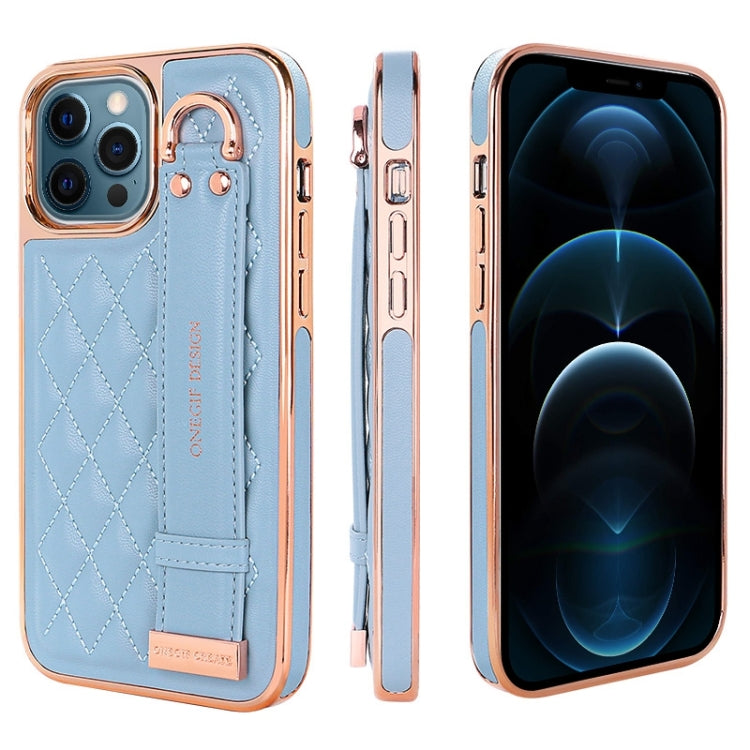 For iPhone 12 Pro Max VIETAO Rhombic Texture Wristband PU Phone Case(Blue) - iPhone 12 Pro Max Cases by VIETAO | Online Shopping UK | buy2fix