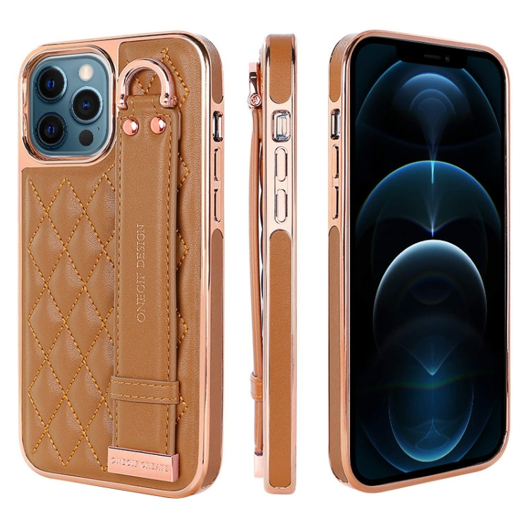 For iPhone 12 Pro Max VIETAO Rhombic Texture Wristband PU Phone Case(Brown) - iPhone 12 Pro Max Cases by VIETAO | Online Shopping UK | buy2fix