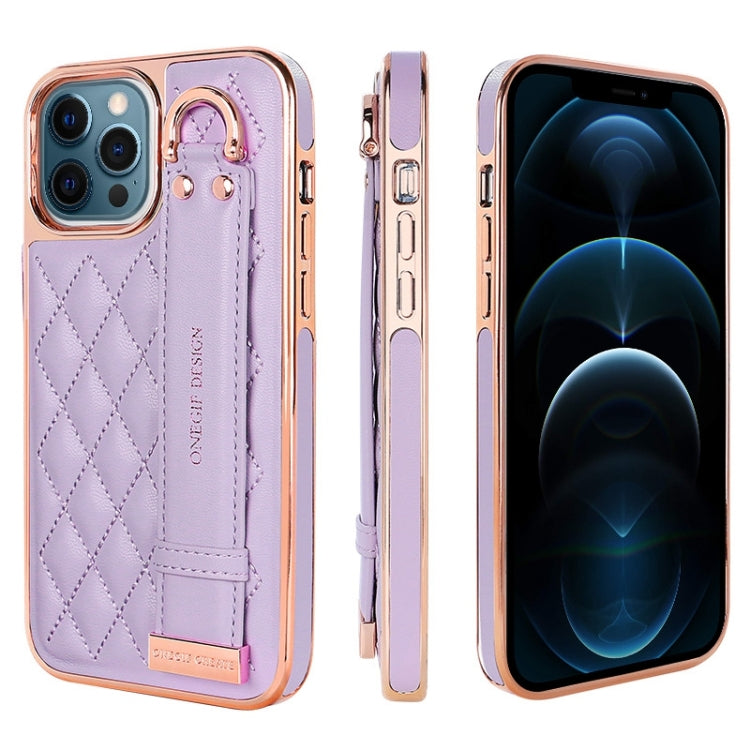 For iPhone 12 Pro Max VIETAO Rhombic Texture Wristband PU Phone Case(Purple) - iPhone 12 Pro Max Cases by VIETAO | Online Shopping UK | buy2fix