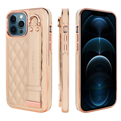 For iPhone 12 Pro Max VIETAO Rhombic Texture Wristband PU Phone Case(Pink) - iPhone 12 Pro Max Cases by VIETAO | Online Shopping UK | buy2fix