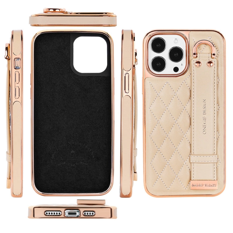 For iPhone 14 Pro VIETAO Rhombic Texture Wristband PU Phone Case(Pink) - iPhone 14 Pro Cases by VIETAO | Online Shopping UK | buy2fix