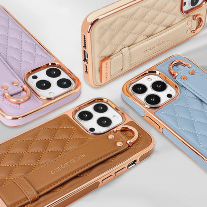 For iPhone 14 Pro Max VIETAO Rhombic Texture Wristband PU Phone Case(Pink) - iPhone 14 Pro Max Cases by VIETAO | Online Shopping UK | buy2fix