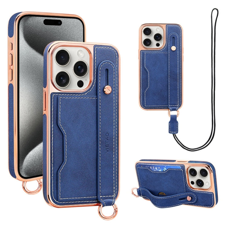 For iPhone 15 Pro VIETAO Card Slot Wristband Phone Case with Lanyard(Blue) - iPhone 15 Pro Cases by VIETAO | Online Shopping UK | buy2fix