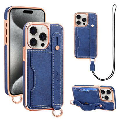 For iPhone 15 Pro VIETAO Card Slot Wristband Phone Case with Lanyard(Blue) - iPhone 15 Pro Cases by VIETAO | Online Shopping UK | buy2fix
