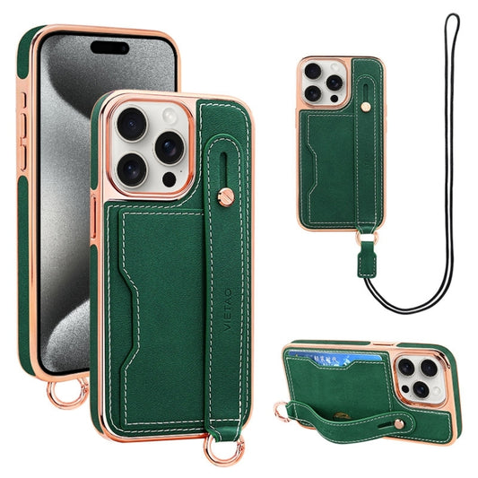 For iPhone 15 Pro VIETAO Card Slot Wristband Phone Case with Lanyard(Green) - iPhone 15 Pro Cases by VIETAO | Online Shopping UK | buy2fix