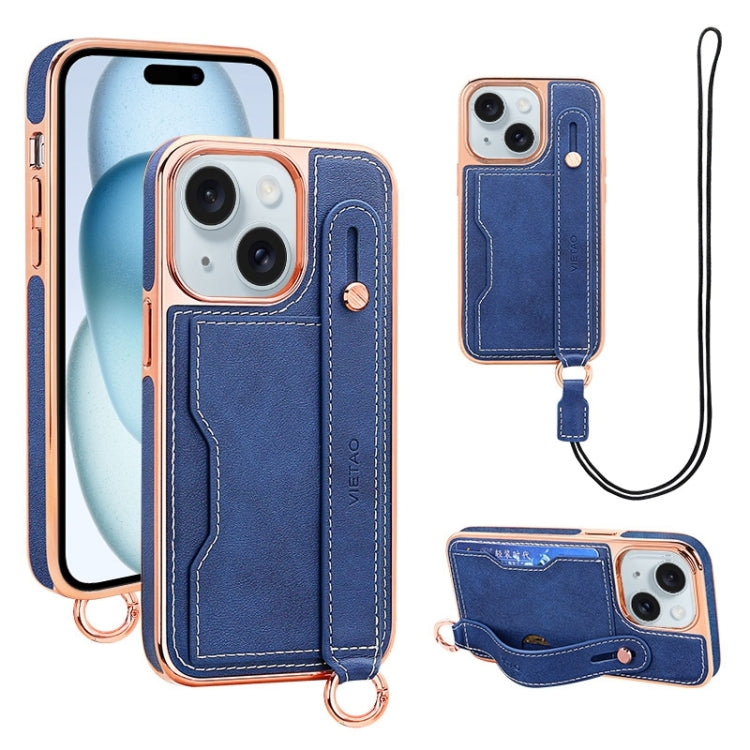 For iPhone 15 Plus VIETAO Card Slot Wristband Phone Case with Lanyard(Blue) - iPhone 15 Plus Cases by VIETAO | Online Shopping UK | buy2fix