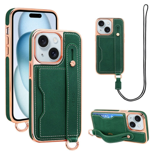 For iPhone 15 Plus VIETAO Card Slot Wristband Phone Case with Lanyard(Green) - iPhone 15 Plus Cases by VIETAO | Online Shopping UK | buy2fix
