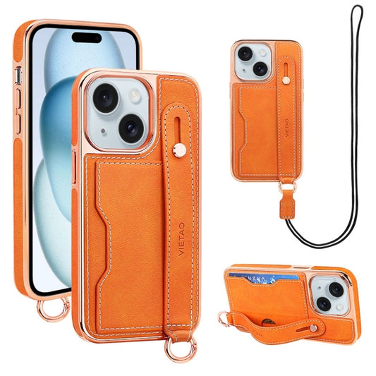 For iPhone 15 VIETAO Card Slot Wristband Phone Case with Lanyard(Orange) - iPhone 15 Cases by VIETAO | Online Shopping UK | buy2fix