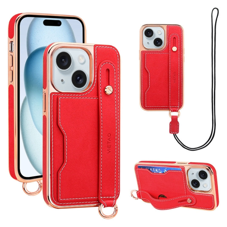 For iPhone 15 VIETAO Card Slot Wristband Phone Case with Lanyard(Red) - iPhone 15 Cases by VIETAO | Online Shopping UK | buy2fix