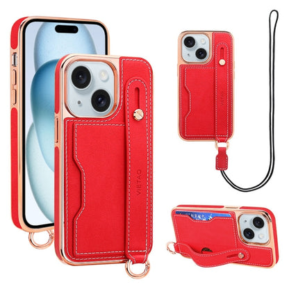 For iPhone 15 VIETAO Card Slot Wristband Phone Case with Lanyard(Red) - iPhone 15 Cases by VIETAO | Online Shopping UK | buy2fix