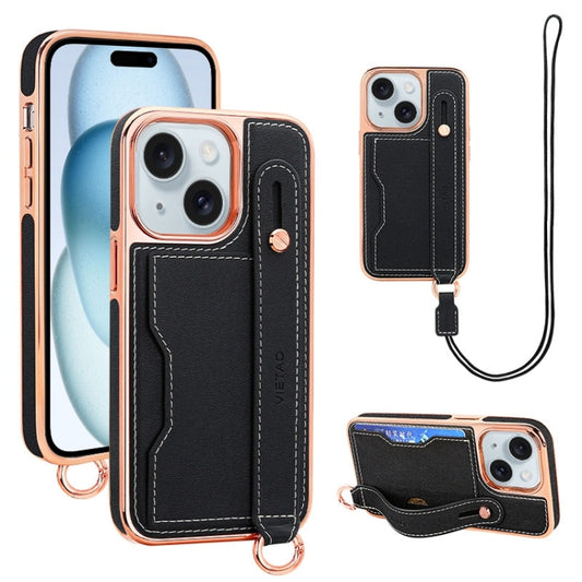 For iPhone 15 VIETAO Card Slot Wristband Phone Case with Lanyard(Black) - iPhone 15 Cases by VIETAO | Online Shopping UK | buy2fix
