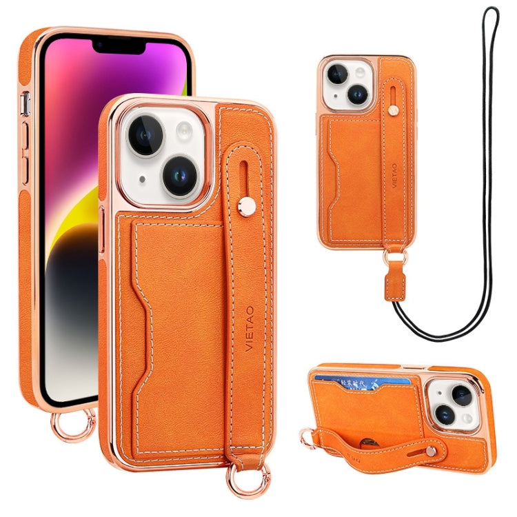 For iPhone 14 VIETAO Card Slot Wristband Phone Case with Lanyard(Orange) - iPhone 14 Cases by VIETAO | Online Shopping UK | buy2fix