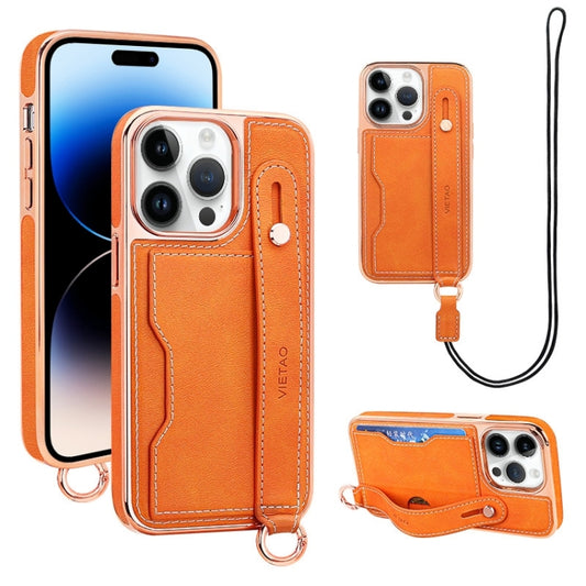 For iPhone 14 Pro VIETAO Card Slot Wristband Phone Case with Lanyard(Orange) - iPhone 14 Pro Cases by VIETAO | Online Shopping UK | buy2fix