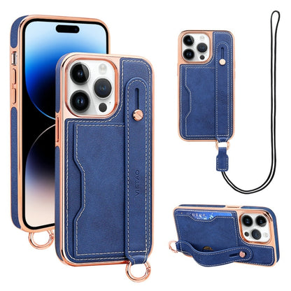 For iPhone 14 Pro VIETAO Card Slot Wristband Phone Case with Lanyard(Blue) - iPhone 14 Pro Cases by VIETAO | Online Shopping UK | buy2fix