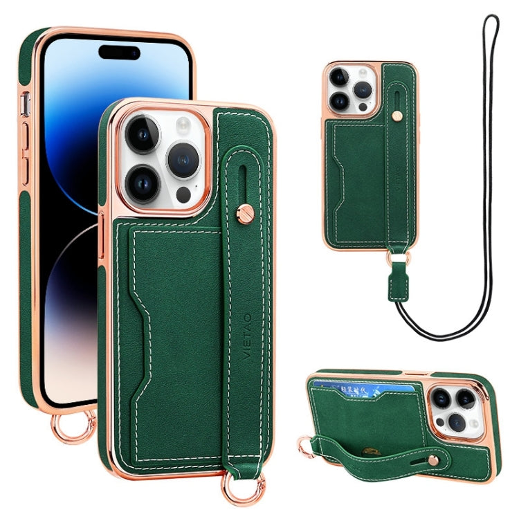 For iPhone 14 Pro VIETAO Card Slot Wristband Phone Case with Lanyard(Green) - iPhone 14 Pro Cases by VIETAO | Online Shopping UK | buy2fix