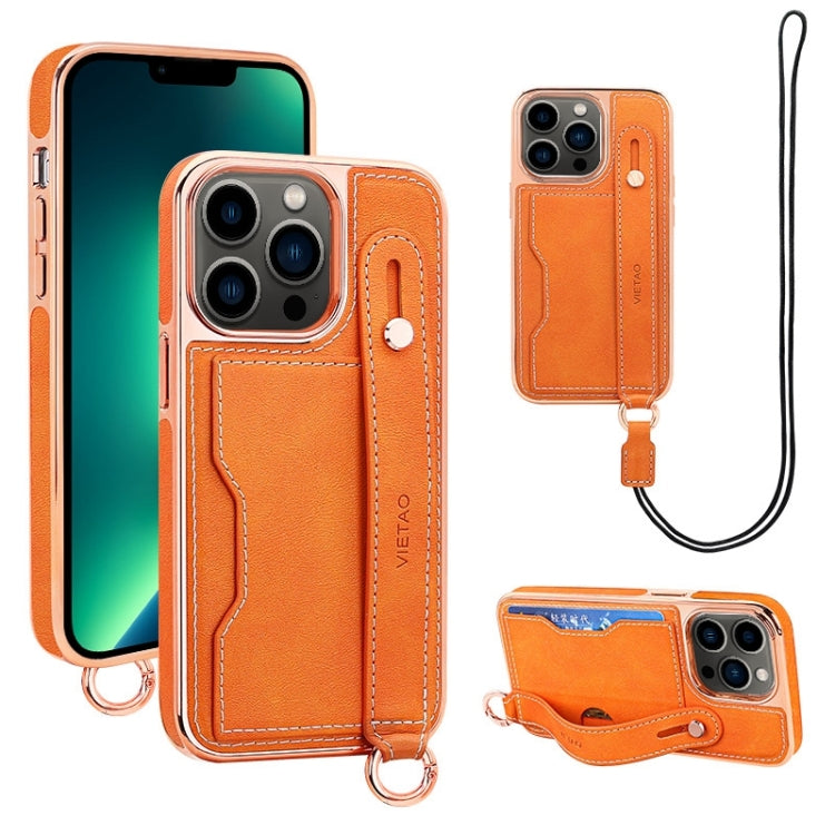 For iPhone 13 Pro Max VIETAO Card Slot Wristband Phone Case with Lanyard(Orange) - iPhone 13 Pro Max Cases by VIETAO | Online Shopping UK | buy2fix