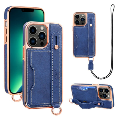 For iPhone 13 Pro Max VIETAO Card Slot Wristband Phone Case with Lanyard(Blue) - iPhone 13 Pro Max Cases by VIETAO | Online Shopping UK | buy2fix