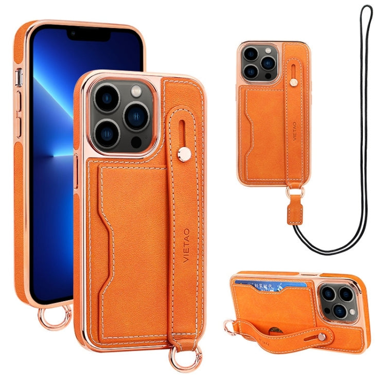 For iPhone 13 Pro VIETAO Card Slot Wristband Phone Case with Lanyard(Orange) - iPhone 13 Pro Cases by VIETAO | Online Shopping UK | buy2fix