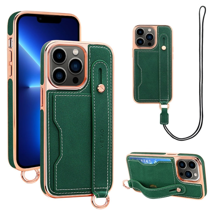 For iPhone 13 Pro VIETAO Card Slot Wristband Phone Case with Lanyard(Green) - iPhone 13 Pro Cases by VIETAO | Online Shopping UK | buy2fix