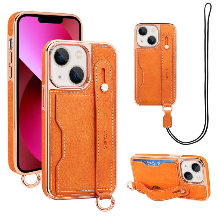For iPhone 13 VIETAO Card Slot Wristband Phone Case with Lanyard(Orange) - iPhone 13 Cases by VIETAO | Online Shopping UK | buy2fix