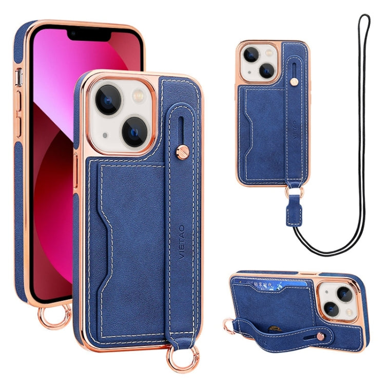 For iPhone 13 VIETAO Card Slot Wristband Phone Case with Lanyard(Blue) - iPhone 13 Cases by VIETAO | Online Shopping UK | buy2fix