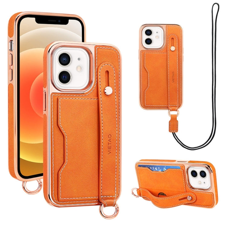 For iPhone 12 / 12 Pro VIETAO Card Slot Wristband Phone Case with Lanyard(Orange) - iPhone 12 / 12 Pro Cases by VIETAO | Online Shopping UK | buy2fix