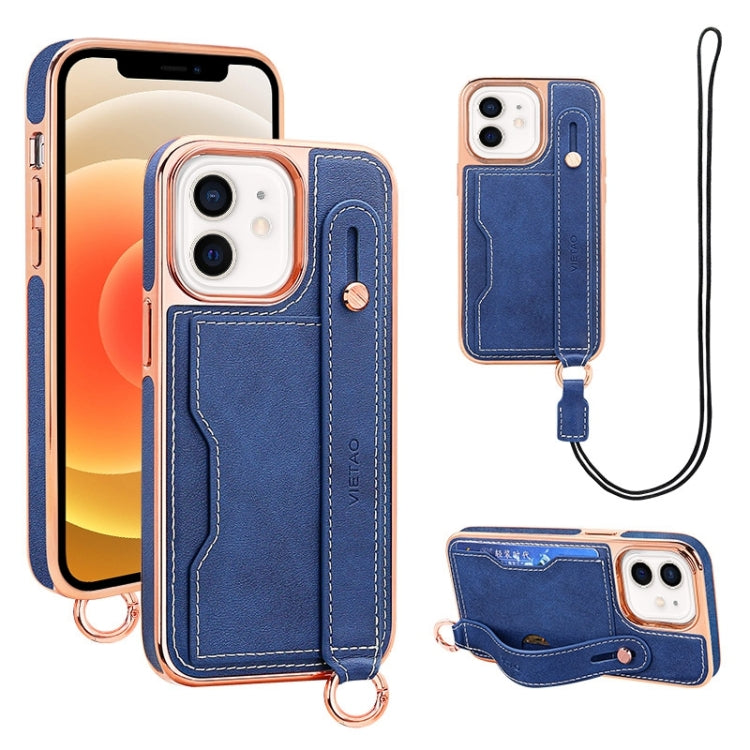 For iPhone 12 / 12 Pro VIETAO Card Slot Wristband Phone Case with Lanyard(Blue) - iPhone 12 / 12 Pro Cases by VIETAO | Online Shopping UK | buy2fix