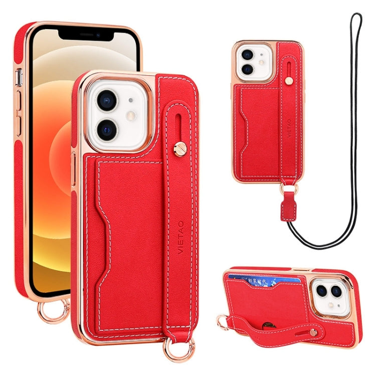 For iPhone 12 / 12 Pro VIETAO Card Slot Wristband Phone Case with Lanyard(Red) - iPhone 12 / 12 Pro Cases by VIETAO | Online Shopping UK | buy2fix
