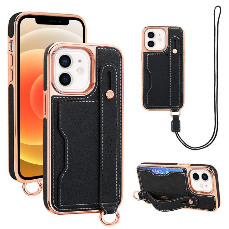 For iPhone 12 / 12 Pro VIETAO Card Slot Wristband Phone Case with Lanyard(Black) - iPhone 12 / 12 Pro Cases by VIETAO | Online Shopping UK | buy2fix