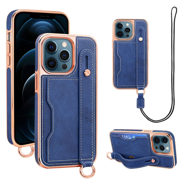 For iPhone 12 Pro Max VIETAO Card Slot Wristband Phone Case with Lanyard(Blue) - iPhone 12 Pro Max Cases by VIETAO | Online Shopping UK | buy2fix