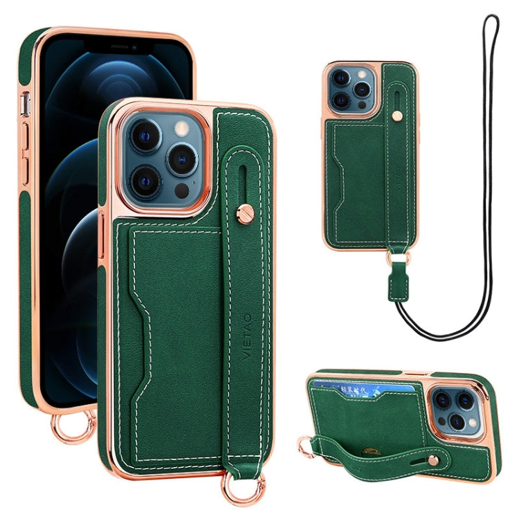 For iPhone 12 Pro Max VIETAO Card Slot Wristband Phone Case with Lanyard(Green) - iPhone 12 Pro Max Cases by VIETAO | Online Shopping UK | buy2fix