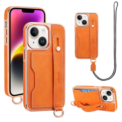 For iPhone 14 Plus VIETAO Card Slot Wristband Phone Case with Lanyard(Orange) - iPhone 14 Plus Cases by VIETAO | Online Shopping UK | buy2fix