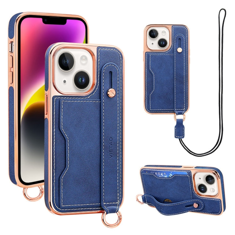 For iPhone 14 Plus VIETAO Card Slot Wristband Phone Case with Lanyard(Blue) - iPhone 14 Plus Cases by VIETAO | Online Shopping UK | buy2fix