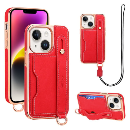 For iPhone 14 Plus VIETAO Card Slot Wristband Phone Case with Lanyard(Red) - iPhone 14 Plus Cases by VIETAO | Online Shopping UK | buy2fix
