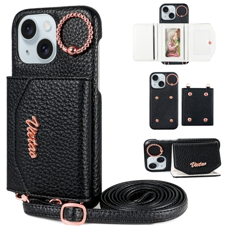 For iPhone 15 VIETAO Ring Holder Card Bag Phone Case with Lanyard(Black) - iPhone 15 Cases by VIETAO | Online Shopping UK | buy2fix