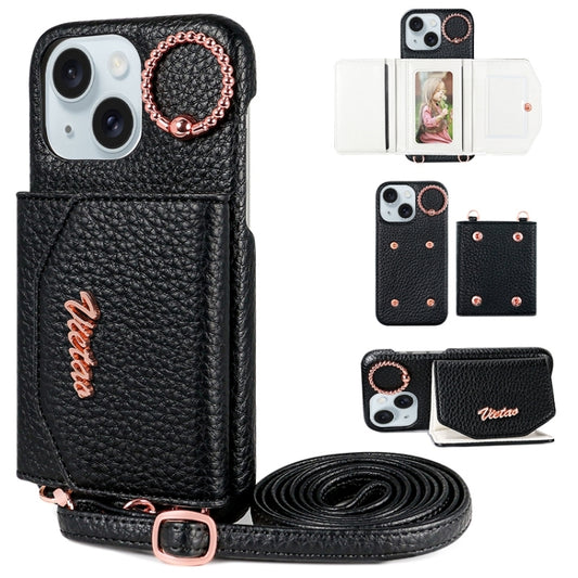 For iPhone 15 VIETAO Ring Holder Card Bag Phone Case with Lanyard(Black) - iPhone 15 Cases by VIETAO | Online Shopping UK | buy2fix
