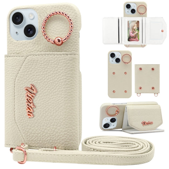 For iPhone 15 VIETAO Ring Holder Card Bag Phone Case with Lanyard(White)