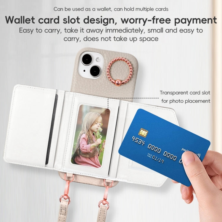 For iPhone 15 VIETAO Ring Holder Card Bag Phone Case with Lanyard(White) - iPhone 15 Cases by VIETAO | Online Shopping UK | buy2fix