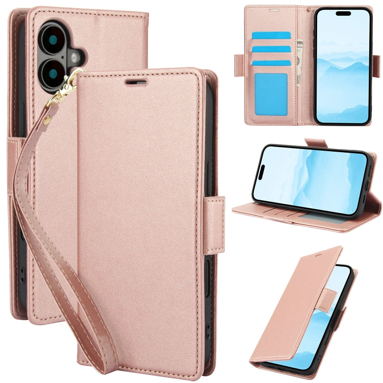 For iPhone 16 Plus Side Buckle RFID Anti-theft Leather Phone Case(Rose Gold) by buy2fix