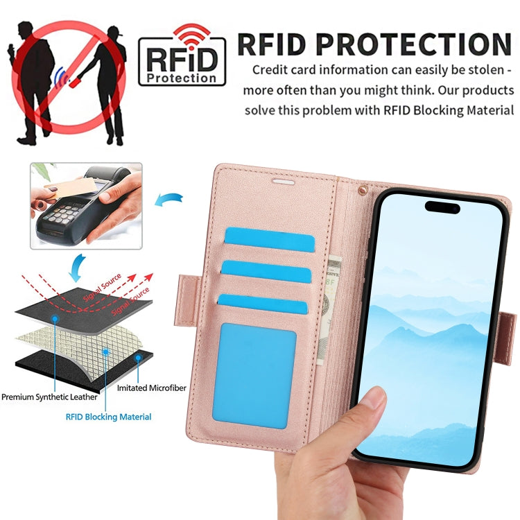 For iPhone 16 Plus Side Buckle RFID Anti-theft Leather Phone Case(Rose Gold) by buy2fix