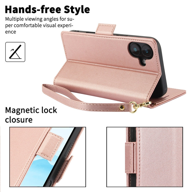 For iPhone 16 Plus Side Buckle RFID Anti-theft Leather Phone Case(Rose Gold) by buy2fix
