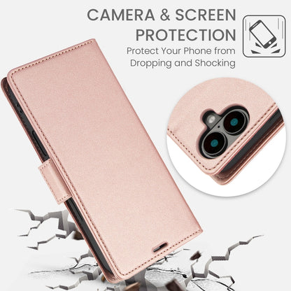 For iPhone 16 Plus Side Buckle RFID Anti-theft Leather Phone Case(Rose Gold) by buy2fix