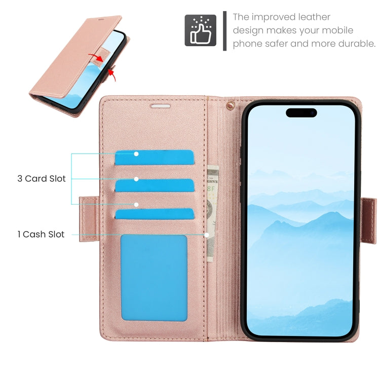 For iPhone 16 Plus Side Buckle RFID Anti-theft Leather Phone Case(Rose Gold) by buy2fix