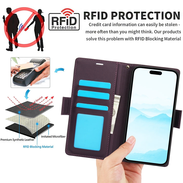 For iPhone 16 Plus Side Buckle RFID Anti-theft Leather Phone Case(Dark Purple) by buy2fix