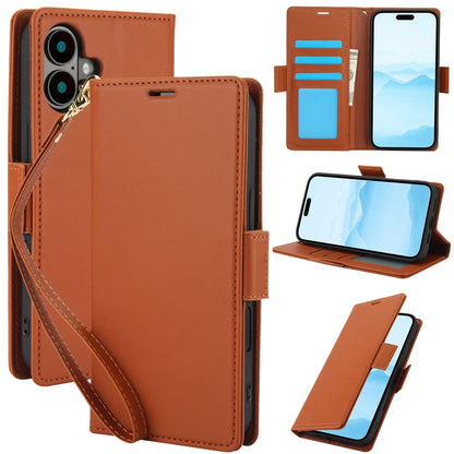 For iPhone 16 Plus Side Buckle RFID Anti-theft Leather Phone Case(Brown) - iPhone 16 Plus Cases by buy2fix | Online Shopping UK | buy2fix