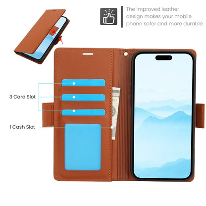 For iPhone 16 Plus Side Buckle RFID Anti-theft Leather Phone Case(Brown) - iPhone 16 Plus Cases by buy2fix | Online Shopping UK | buy2fix