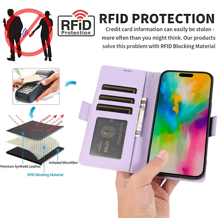 For iPhone 16 Pro Max Side Buckle RFID Anti-theft Leather Phone Case(Light Purple) by buy2fix