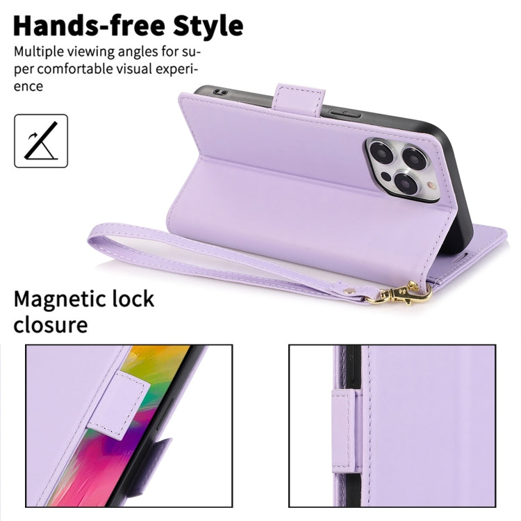 For iPhone 16 Pro Max Side Buckle RFID Anti-theft Leather Phone Case(Light Purple) by buy2fix