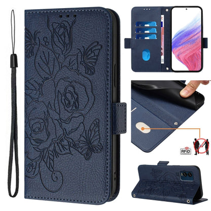 For Nothing CMF Phone 1 Embossed Rose RFID Anti-theft Leather Phone Case(Dark Blue) - Nothing Cases by buy2fix | Online Shopping UK | buy2fix
